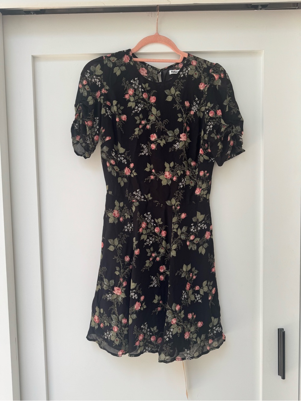 Reformation Black Mini Dress with Pink Rose Print